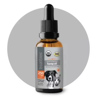 Treatibles Organic Full Spectrum Hemp Oil 250 mg CBD in a brown oil dropper bottle with a gray label featuring a black and white dog and a gray and white cat.