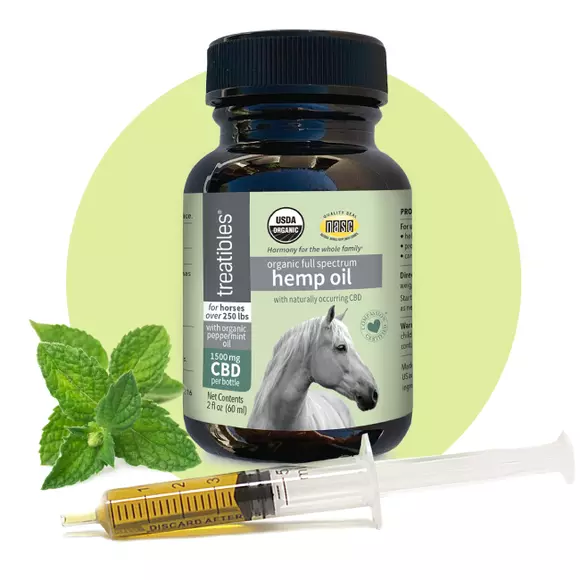 Treatibles 1500 mg Organic Full Spectrum Hemp Oil - 1500 mg capsules for horses. In a large brown bottle with a green label and a white horse pictured on the front.
