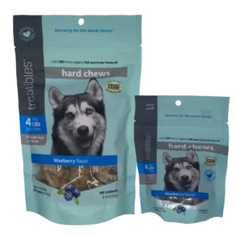 Blue bag of Treatibles Ease (blueberry) Hard Chews for large dogs featuring Organic Full Spectrum Hemp CBD Oil