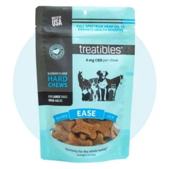 Blue bag of Treatibles Ease (blueberry) Hard Chews for large dogs featuring Organic Full Spectrum Hemp CBD Oil