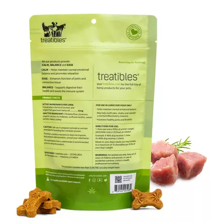 Back of Green bag of Treatibles Calm (turkey) Hard Chews for large dogs featuring Organic Full Spectrum Hemp CBD Oil