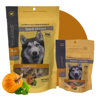 Image of Duo pumpkin hard chews with colored circle background.