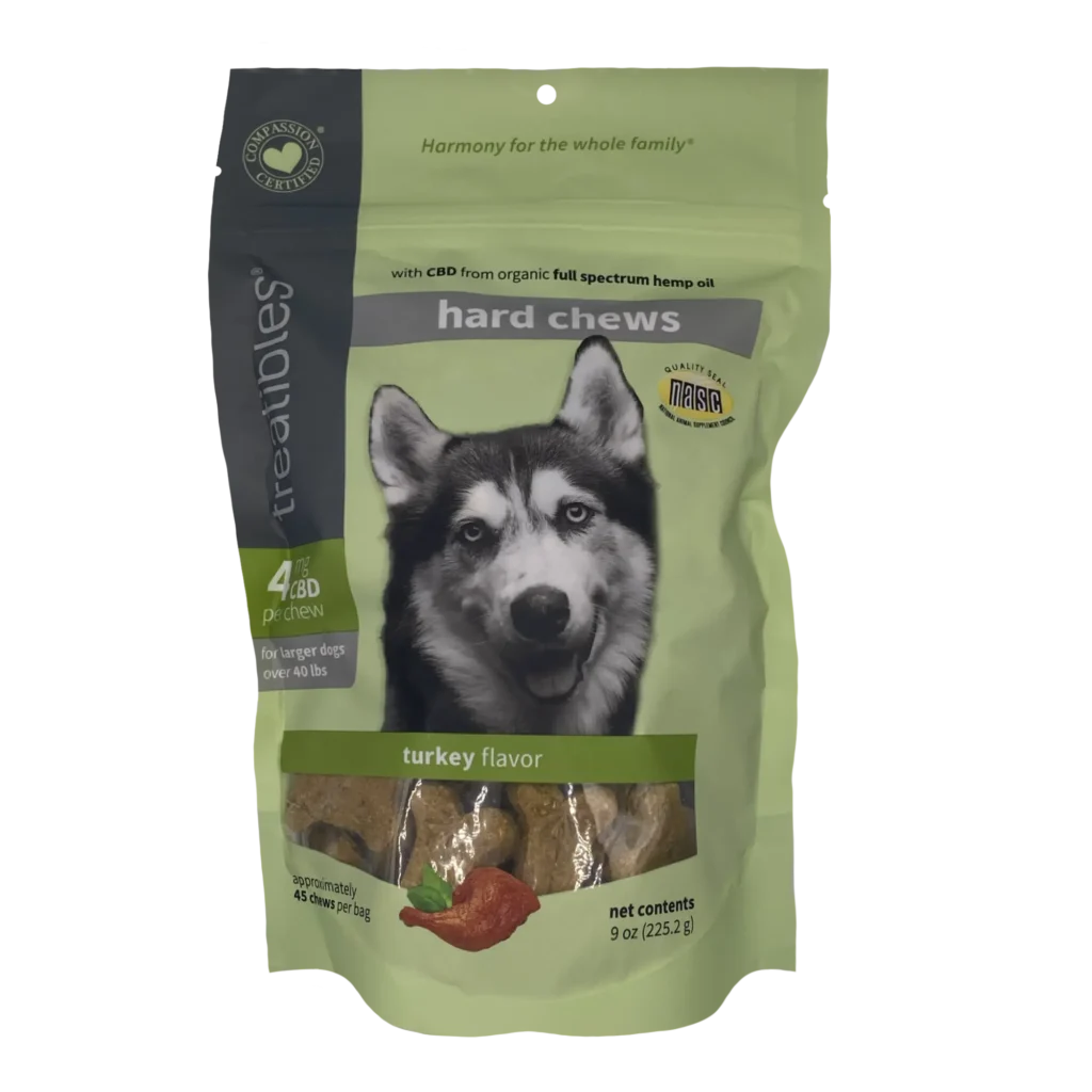 Green bag of Treatibles Calm (turkey) Hard Chews for large dogs featuring Organic Full Spectrum Hemp CBD Oil front view