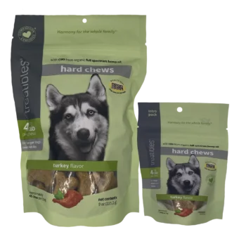 Green bag of Treatibles Calm (turkey) Hard Chews for large dogs featuring Organic Full Spectrum Hemp CBD Oil