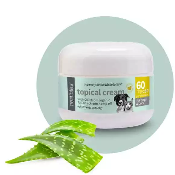 Treatibles Topical Cream 240 mg CBD in a white plastic jar with a blue and beige label