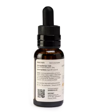 The back label of Auntie Dolores 750 mg Organic Full Spectrum Hemp CBD Oil features product information