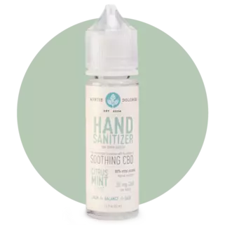Bottle of Auntie Dolores Hand Sanitizer featuring 20 mg CBD and a light fresh scent