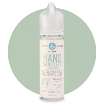 Bottle of Auntie Dolores Hand Sanitizer featuring 20 mg CBD and a light fresh scent