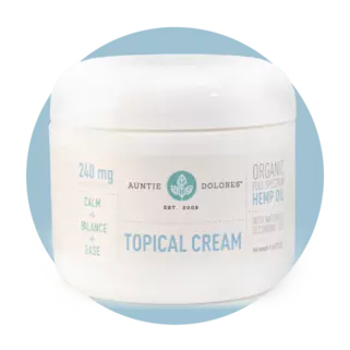 Auntie Dolores Topical Cream 240 mg CBD in a white plastic jar with a blue and beige label