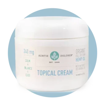 Auntie Dolores Topical Cream 240 mg CBD in a white plastic jar with a blue and beige label