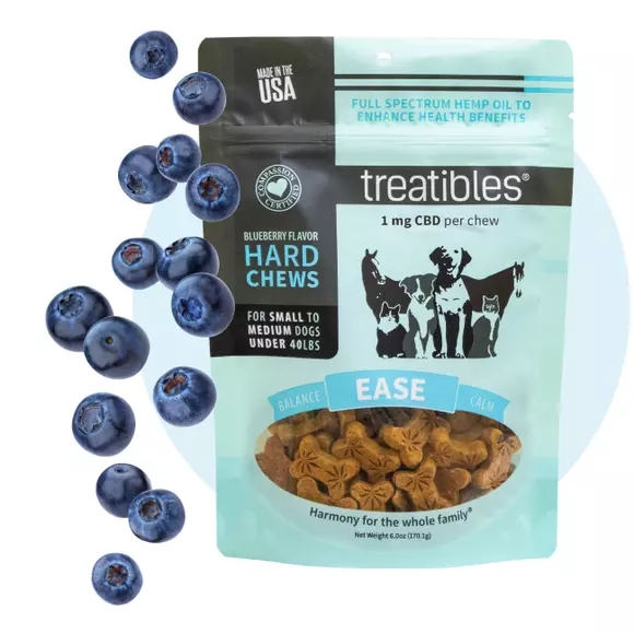 Blue bag of Treatibles Ease (blueberry) Hard Chews for small to medium dogs featuring Organic Full Spectrum Hemp CBD Oil