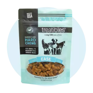 Blue bag of Treatibles Ease (blueberry) Hard Chews for small to medium dogs featuring Organic Full Spectrum Hemp CBD Oil