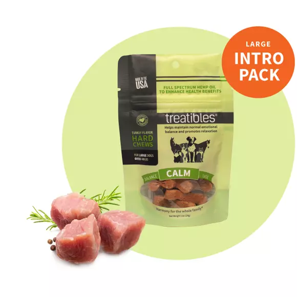 Intro size green bag of Treatibles Calm (turkey) Hard Chews for large dogs featuring Organic Full Spectrum Hemp CBD Oil