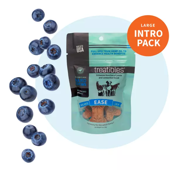 Blue Intro Pack bag of Treatibles Ease (blueberry) Hard Chews for large dogs featuring Organic Full Spectrum Hemp CBD Oil