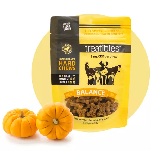 Orange bag of Treatibles Balance (pumpkin) Hard Chews for small dogs featuring Organic Full Spectrum Hemp CBD Oil