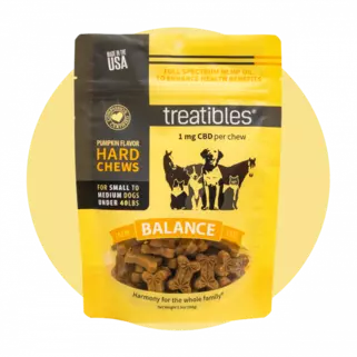 Orange bag of Treatibles Balance (pumpkin) Hard Chews for small dogs featuring Organic Full Spectrum Hemp CBD Oil