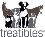 Logo with dogs, cats and horses in shades of gray, black and white with treatibles name on bottom.