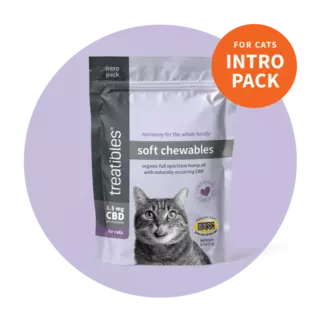 Image of the purple Intro Pack size bag of Treatibles Soft Chewable for Cats. Each Chewable features 1.5 mg of Organic Full Spectrum Hemp CBD Oil.
