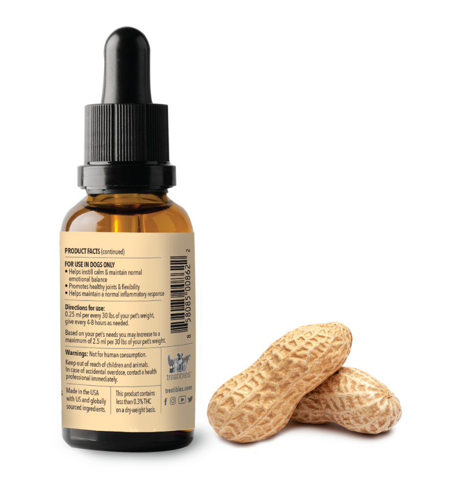 image of the back label featuring product information and directions on the Treatibles 500 mg CBD oil with peanut butter flavor