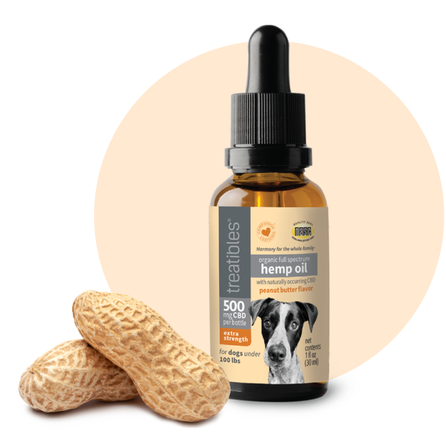 image of 500 mg dropper Bottle of Treatibles Organic Full Spectrum Hemp CBD Oil with peanut butter flavor for dogs