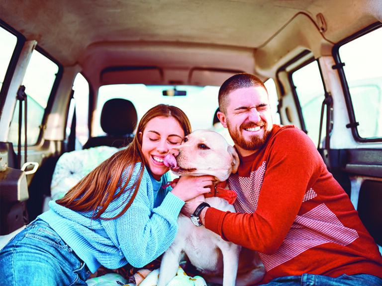 A couple hugs their dog in the back of their SUV while taking a road trip