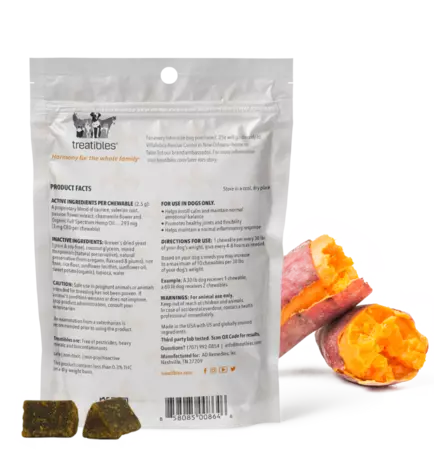 Image of the back of the Intro Pack size of Tater Tot's Sweet Potato Soft Chewables featuring the product info and directions for use