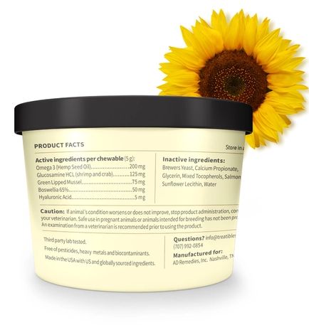 Image of the back of the light yellow canister of Treatibles Happy Joints Mobility Pill Wrap Chewables for Dogs and Cats along with a sunflower over the top right side of the photo
