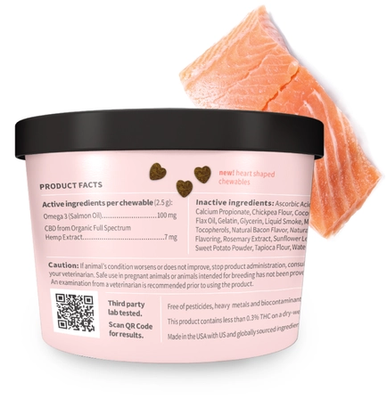 Image of the back of the pink canister of Treatibles Extra Strength CBD Soft Chewables for Dogs with a salmon filet behind it in the upper right corner