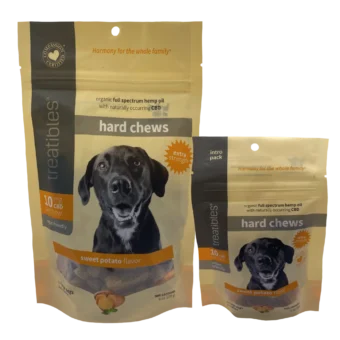 Front of the package of Treatibles Extra Strength Hard Chews for Dogs featuring an adorable black dog