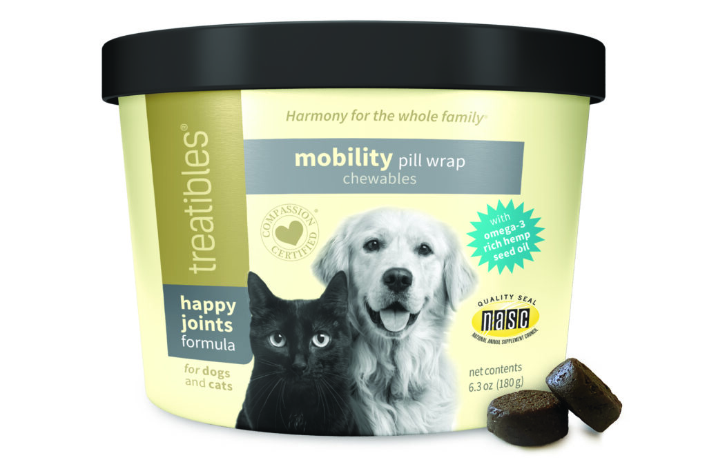 image of the front of the Happy Joints Mobility Pill Wrap Chewables for dogs and cats by Treatibles. It features a black cat and Golden Retriever along with the NASC quality seal
