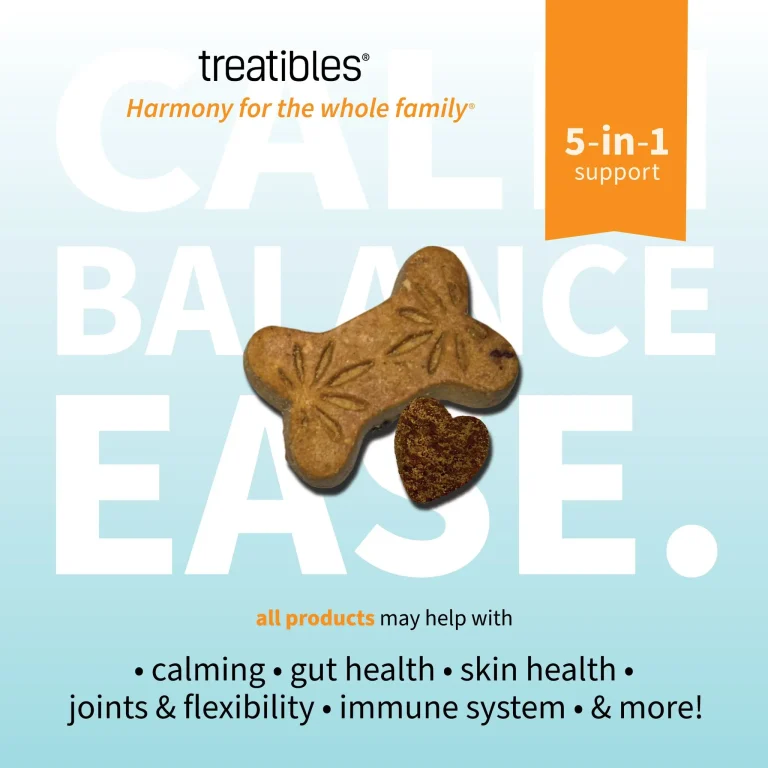 Treatibles 5-in-1 pet support product featuring a dog-shaped treat and heart-shaped piece, promoting calming, gut health, skin health, joint flexibility, and immune system support.