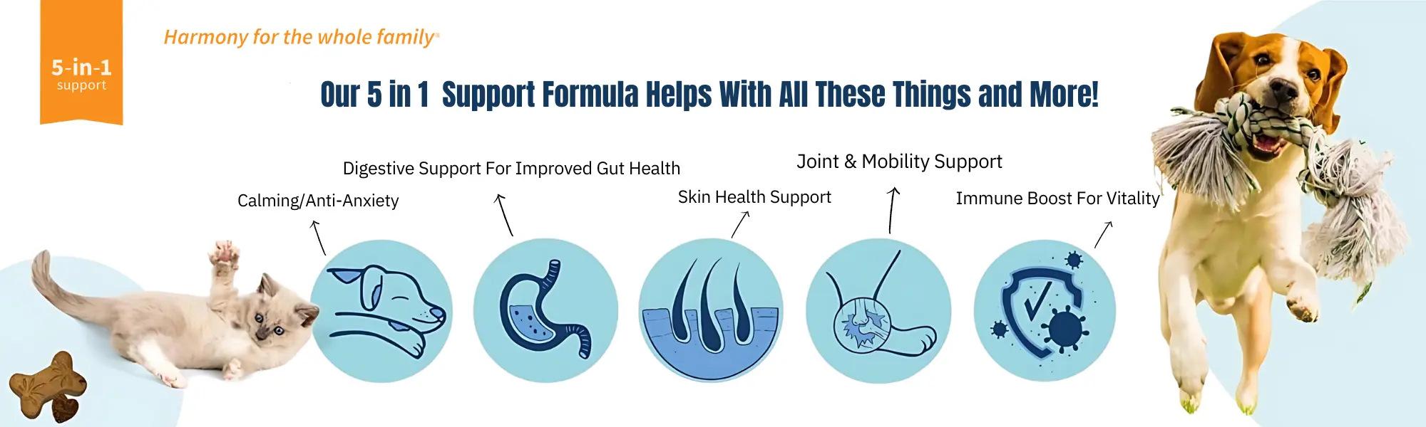 5-in-1 support formula for pets featuring calming/anti-anxiety benefits, illustrated with a playful dog and cat, emphasizing pet wellness solutions by Treatibles.