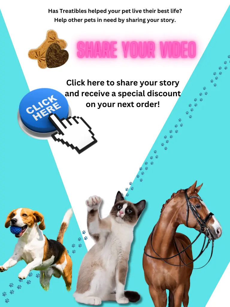 Beagle playing with a blue ball, cat waving a paw, and horse in harness, with a "Share Your Video" call-to-action and Treatibles branding, promoting customer stories and pet wellness.