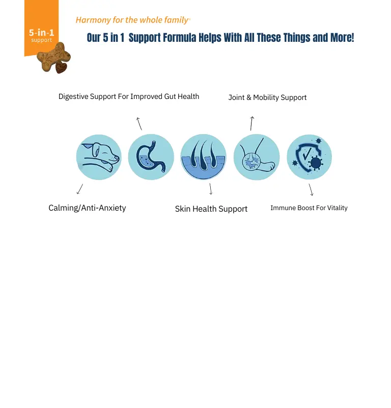 5-in-1 support formula graphic highlighting benefits for pets, including calming/anti-anxiety, digestive support, joint and mobility support, skin health support, and immune boost for vitality.