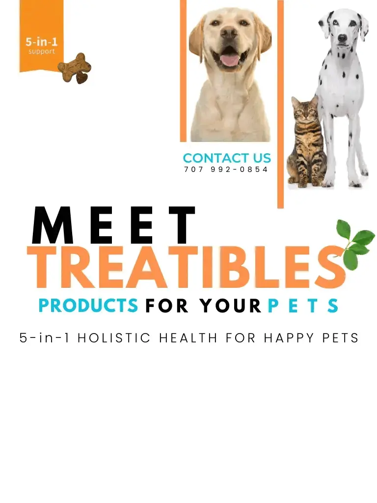 Meet Treatibles logo with a Labrador Retriever, Dalmatian, and cat, promoting 5-in-1 holistic health products for pets, emphasizing wellness solutions.