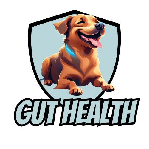 Golden retriever with a happy expression, logo design featuring "GUT HEALTH" text, emphasizing pet wellness and digestive support.