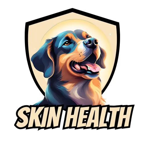 Dog with a happy expression inside a shield logo, emphasizing skin health for pets, relevant to Treatibles' CBD products aimed at allergy relief and skin irritation.