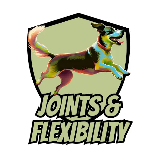 Dog leaping in a shield emblem with text "JOINTS & FLEXIBILITY," representing Treatibles' CBD products for pet joint mobility and comfort.