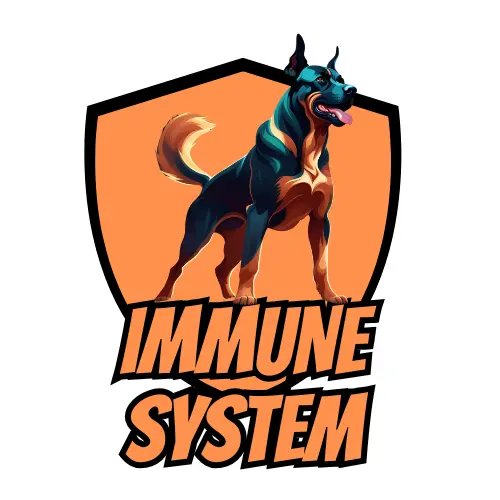 Illustration of a dog within a shield, featuring the text "IMMUNE SYSTEM," representing pet health support related to Treatibles' CBD products for immune health.
