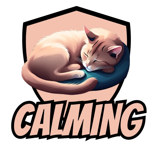 Sleeping orange cat on a blue cushion with a calming label, symbolizing relaxation for anxious pets.