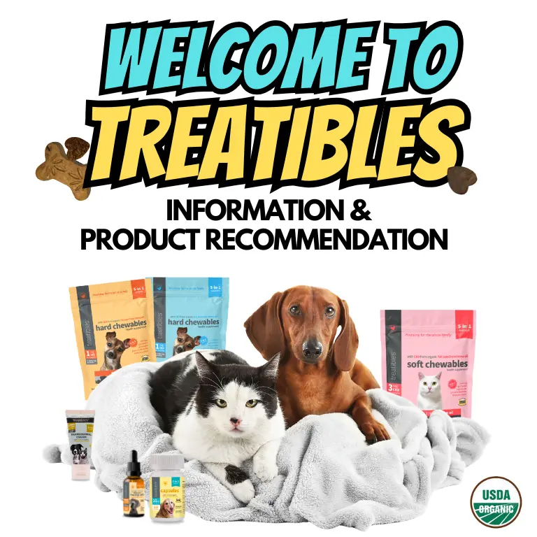Welcome to Treatibles banner featuring a dog and cat on a soft blanket, surrounded by various CBD pet products, including hard and soft chewables, and oils, emphasizing pet wellness and product recommendations.