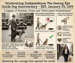 Celebrating Independence Blog Graphic. Every year on January 29, we celebrate the Seeing Eye Guide Dog Anniversary, a date that marks a pivotal moment in the history.