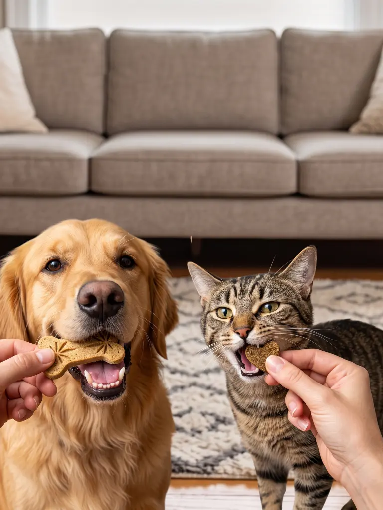 dog and a cat eating Treatibles