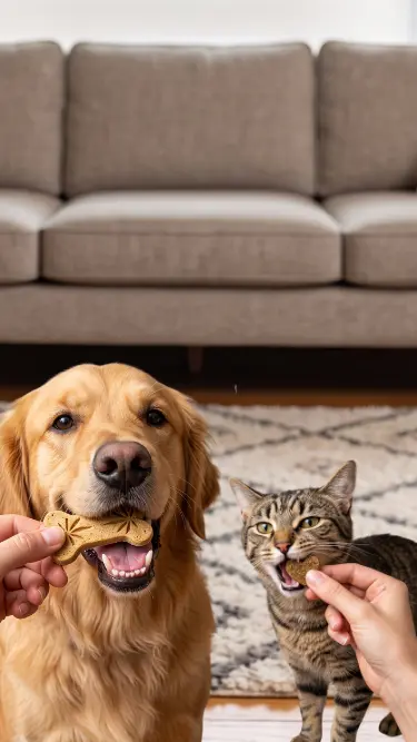 dog and a cat eating Treatibles